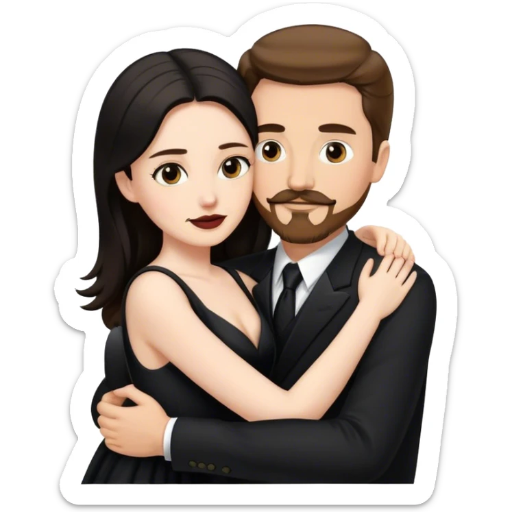 tall white man with brown hair goatee mustache hugging a pale woman with long black hair, wearing black formal clothing sticker