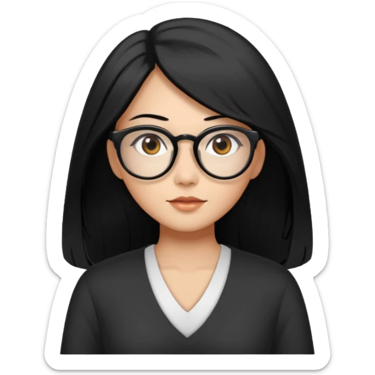 medium tan asian woman with long black hair past middle of back, round brown eyes, white v neck blouse. she has black thick frame glasses on. sticker