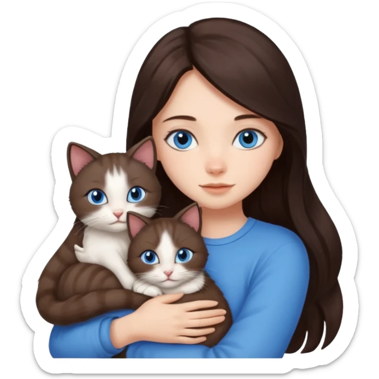 a pretty girl with long dark 
brown hair, with blue eyes, hugs 3 different natural coloured small cats sticker
