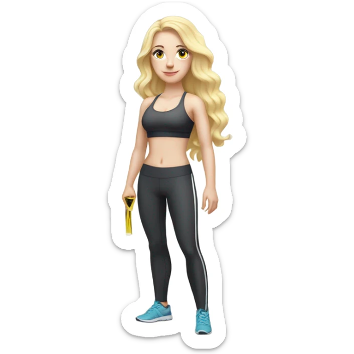 Woman, white skin, pale skin, long hair, blonde hair, wavy hair, standing, sports bra, leggings, tape measure wrapped around waste sticker