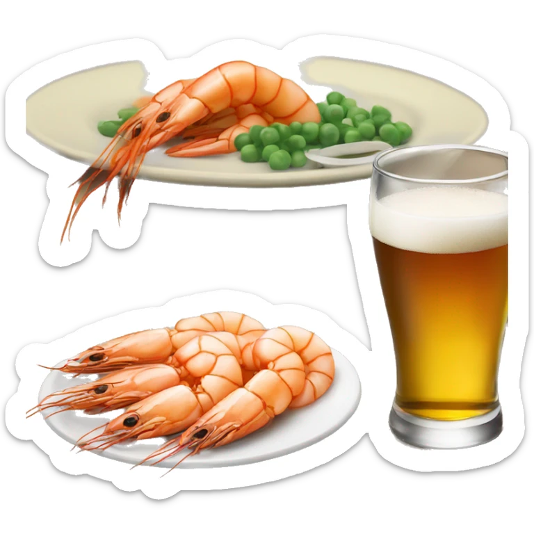 a glass of beer next to a plate of shrimp sticker