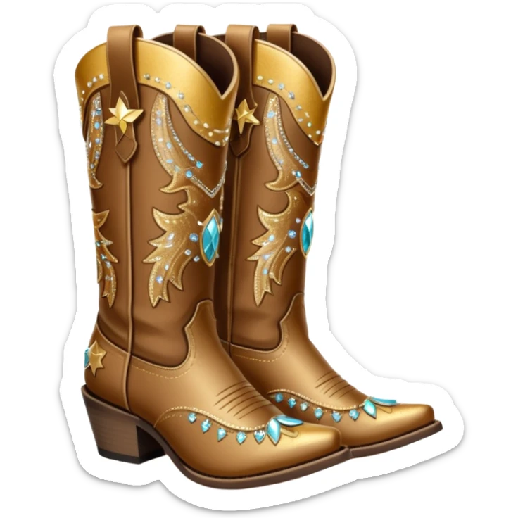 Realistic brown and gold fashion cowgirl boots with sparkly shiny glitter fringe on them. sticker