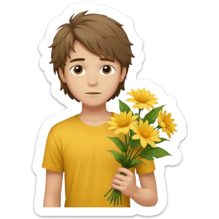 generate an ios genmoji of a 20 year old fair boy with brown long and messy hair with faint upper lip hair - visible (brown). should look like he cant grow a mustache., carrying a flower bouquet, wearing a yellow tshirt, looking shy sticker