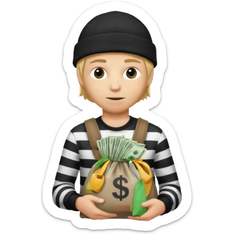 Robber with a shirt with white and black stripes holding a money bag also the robber is wearing a black beanie hat and also has blond hair sticker