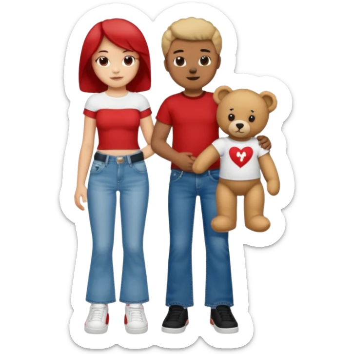 A boy and a girl teddy bear for the boy bear put on true religion shirt and jeans with black shoes and for the girl put flare jeans and a red tube top and white shoes just bears not the humans  sticker