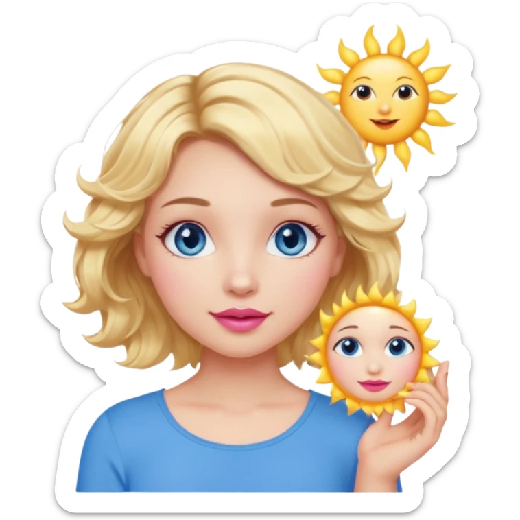 Girl Blonde short wavy hair,  blue eyes, cute blue top, long lashes, pink lips, holding the sun   sticker