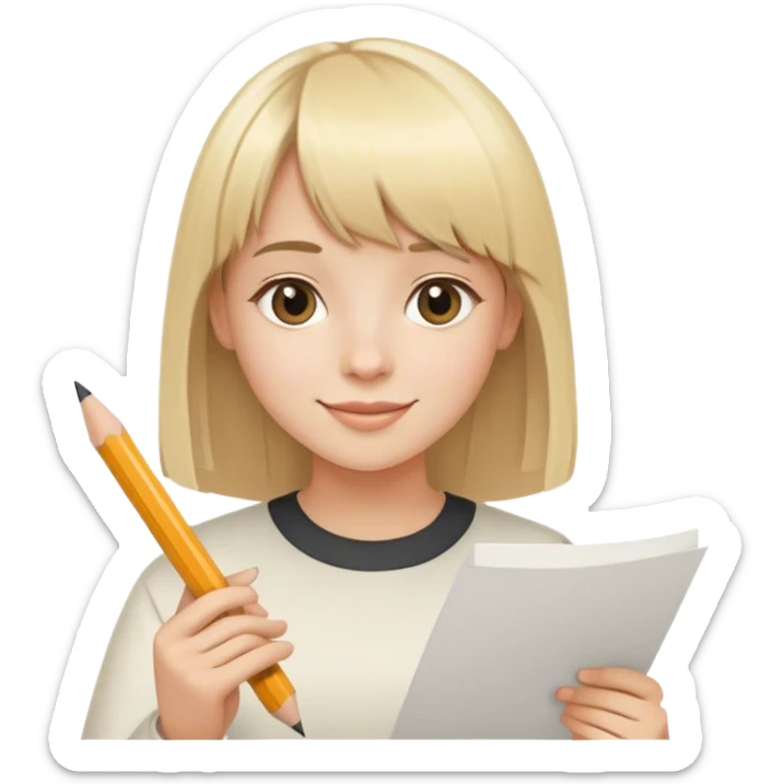 young happy artist with straight blonde hair and bangs, with pencil ad paper sticker