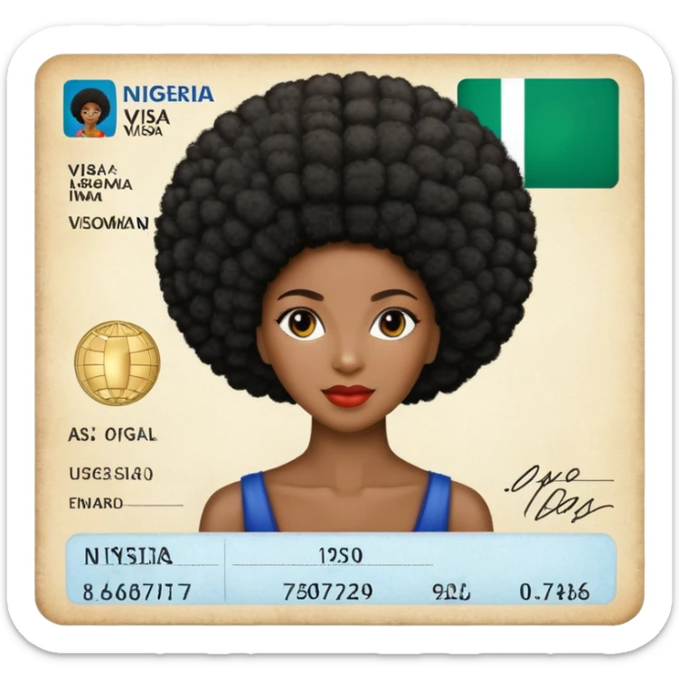 Nigeria, travel visa, with black woman, afro hair, photo on it. sticker