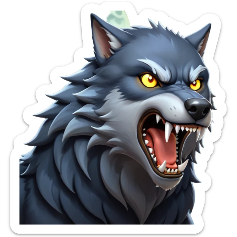 cinematic-noble-fierce-werewolf-howling-portrait-emoji, poised-and-imposing, with a fierce wolfish face tilted upwards in a haunting howl, glowing eyes full of primal ferocity, sharp, elongated fangs bared, and a rugged snout, fur rippling in shades of midnight black and silver, muscles tensed as the powerful howl echoes beneath the moonlit sky; rendered with realism, capturing the raw, untamed power of the beast in its wild, primal state sticker