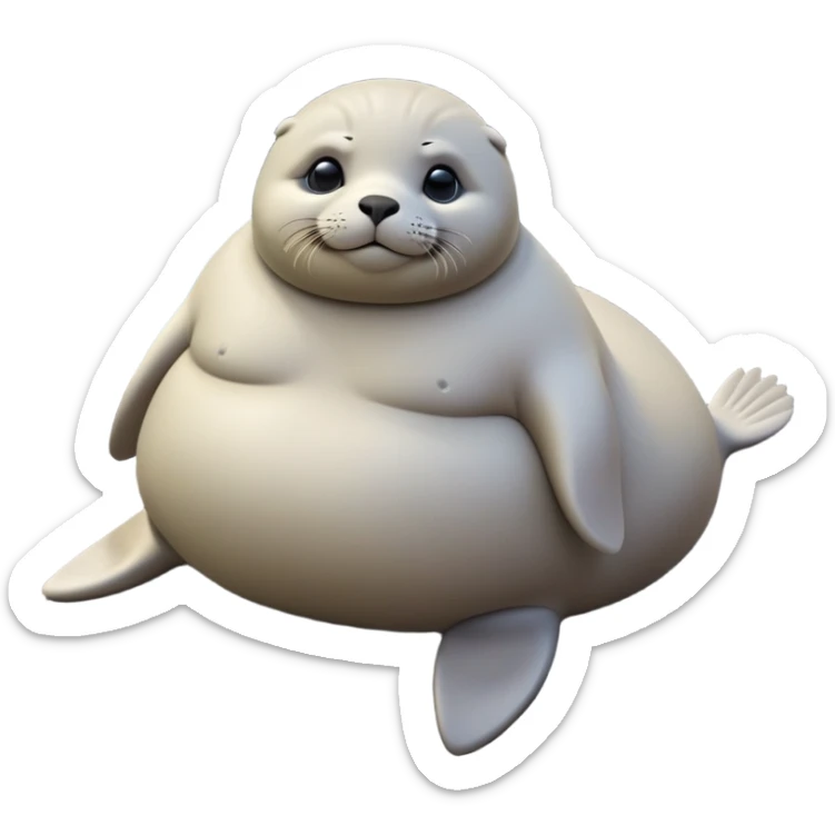 cinematic-seal-realistic-full-body-lounging-emoji,-plump-sleek-body-stretched-out-on-a-rocky-shoreline,-short-smooth-fur-glinting-in-the-sea-breeze,-flippers-tucked-comfortably-beneath-its-body,-large-dark-eyes-filled-with-playful-curiosity,-whiskered-muzzle-lifted-slightly-as-if-smiling,-simplified-yet-realistic-focused-features,-highly-detailed,-glowing-with-a-refreshing-marine-radiance sticker