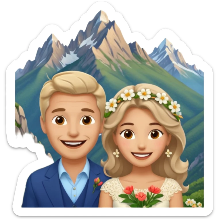Couple  laughing traveling russian man and elegant  Latina girl delicate flowers and mountains in the background  sticker
