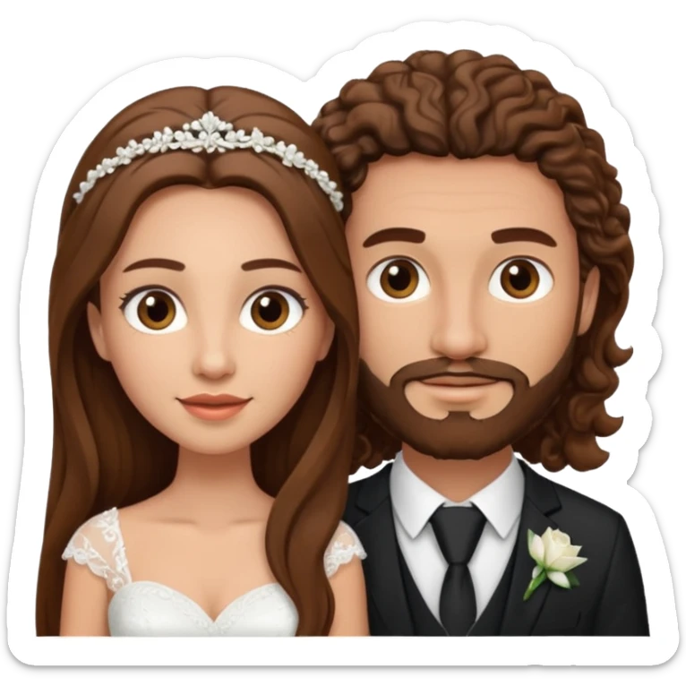 wedding couple woman with long straight brown hair and eyes man with long brown curly hair and facial hair sticker