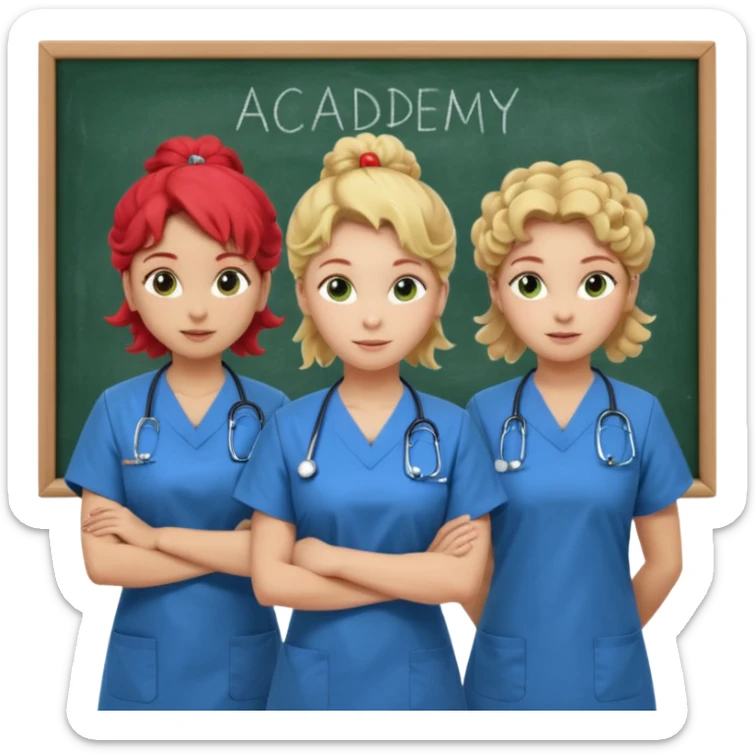3 nurses: nurse 1 is wearing green work clothes, curly hair, middle european. nurse 2 is wearing blue work clothes, blond straight hair, scandinavic, nurse 3 is wearing white work clothes, red hair put into a bun, slavic. they all stand in a classroom, "Academy" written in white on board sticker