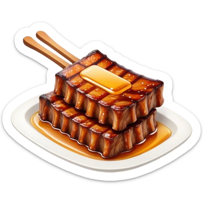 Honey Glazed BBQ Ribs Cinematic Realistic Honey Glazed BBQ Ribs Dish Emoji, depicted as a small portion of tender, honey-glazed ribs with a sticky, smoky finish, rendered with rich textures and warm, dynamic lighting. sticker