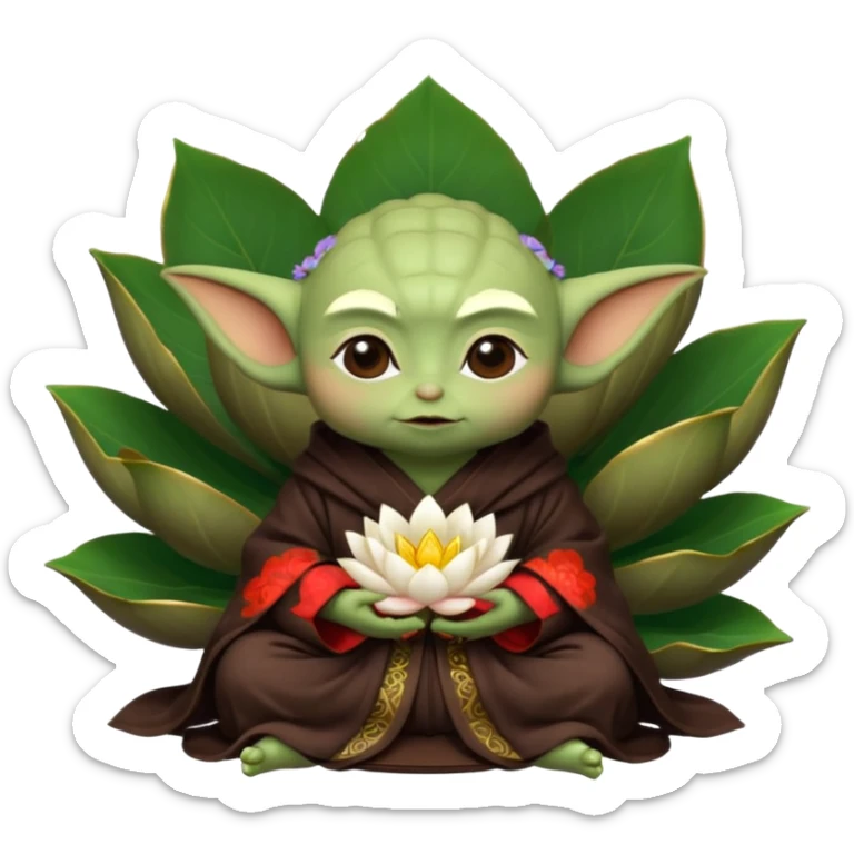 Baby Yoda con su tunica chocolate oscuro sentado dentro de una flor de loto estilo chino sticker