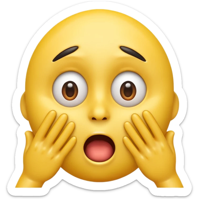 A 3D glossy yellow emoji of a shocked horrified face, with mouth and eyes are wide open, eyebrows  raised, and hands against their cheeks, face without nose, black background, high quality, soft studio lighting sticker