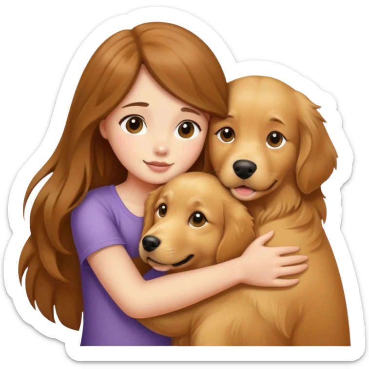 A girl with long  hair tightly hugged a dog sticker