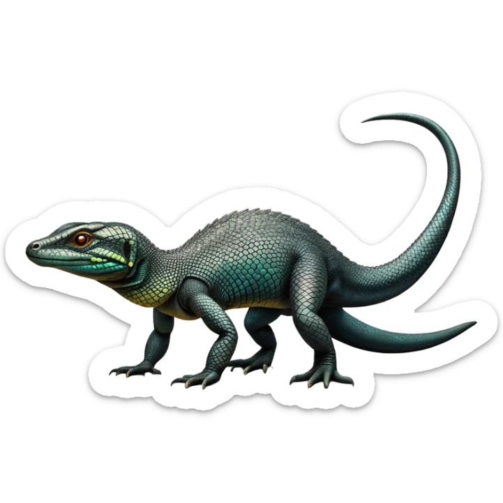 cinematic-monitor-lizard-realistic-full-body-standing on all fours-emoji,-long-powerful-tail-dragging-slightly-behind,-sleek-scaled-body-textured-with-rich-patterns,-head-tilted-dramatically,-dark-intense-eyes-observing-its-surroundings,-simplified-yet-realistic-focused-features,-highly-detailed,-glowing-with-an-almost-sarcastic-glow sticker