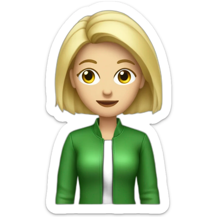 Mujer de 40 años rubia de ojos verdes con chaqueta de cuero negra , creando contenido con el celular  sticker