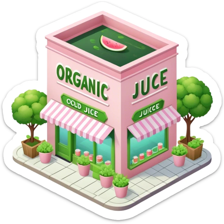 Organic cold-pressed juice shop, light pink and green, isometric exterior shop view  sticker