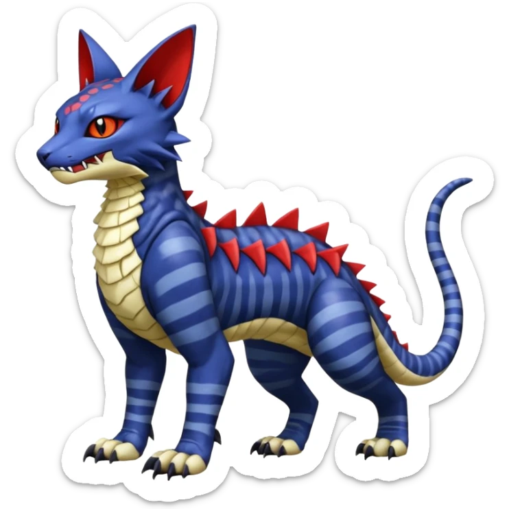 with red markings, white belly, scaley scaly batty feline-like quadrupedal digitigrade furry feral Bastet-Noibat-Gatomon-Garchomp-Digimon-Fakémon-Pokémon-creature (full body) sticker