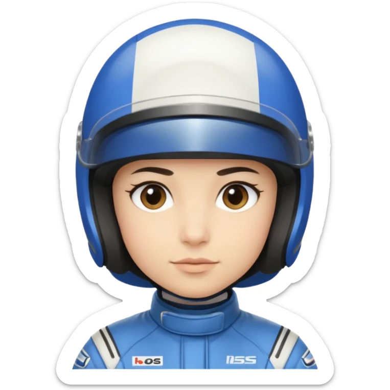 A light-skinned person with short dark hair, wearing a blue racing helmet and an oval face with a neutral look. sticker