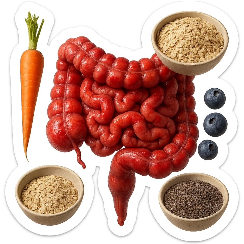 intestino umano anatomico infiammato al centro con carota, bowl di avena, mirtilli, bowl di semi di chia che gli fluttuano intorno , iperrealistico 4k sticker