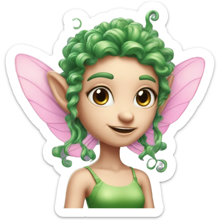 a pink-skinned creature with 4 eyes, elf ears with green curly hair, and fairy pixie wings, with FOUR EYES, SKINIS PINK sticker