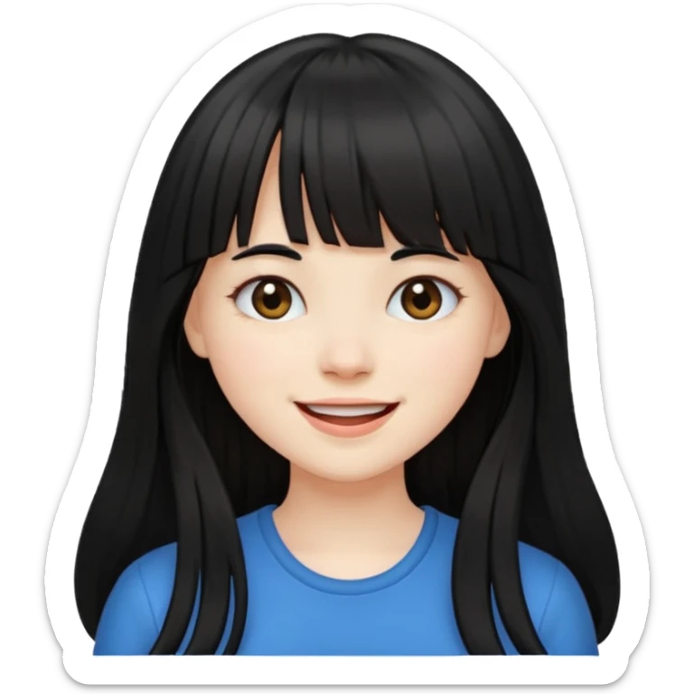 Pale girl with long black hair with bangs, happy sticker
