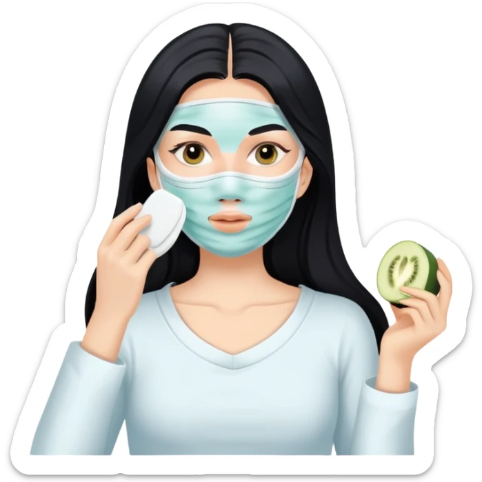White girl with long black hair applying face mask, self care skincare routine sticker