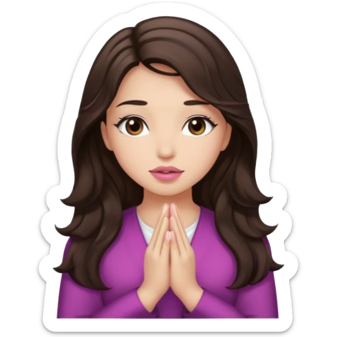 girl with wavy long glamorous dark brown hair, brown eyes, light to medium complexion, long lashes, light pink lipstick, praying sticker