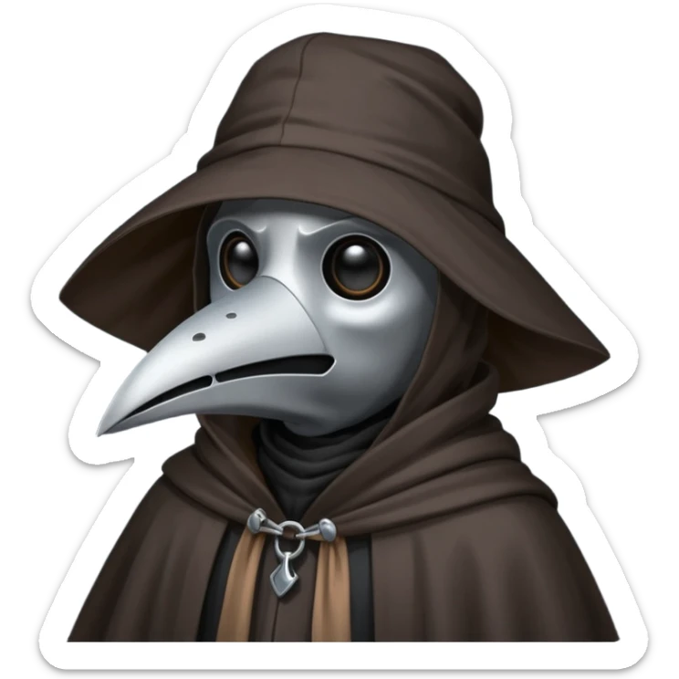 plague doctor
hooded cloak - dark black/charcoal
cute, simplified style
happy expression sticker