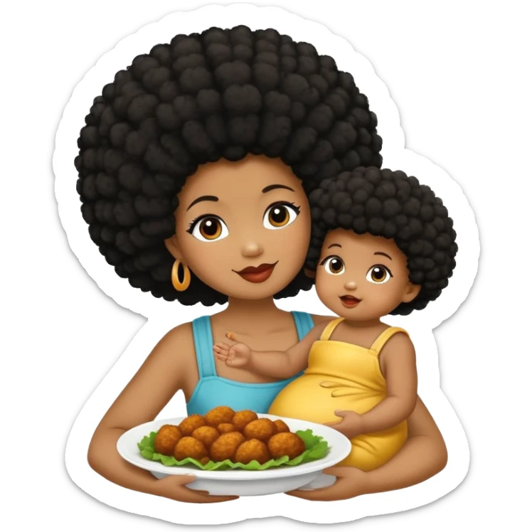 Una reina negra de piel oscura con afro dando de comer a su bebé de 8 meses varón de piel un poco más cara, el bebé está feliz comiendo pollo sticker