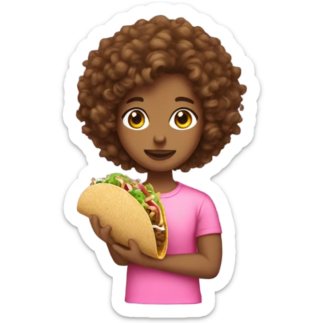 brown curly hair lightskinn wearing a pink shirt holding a taco sticker