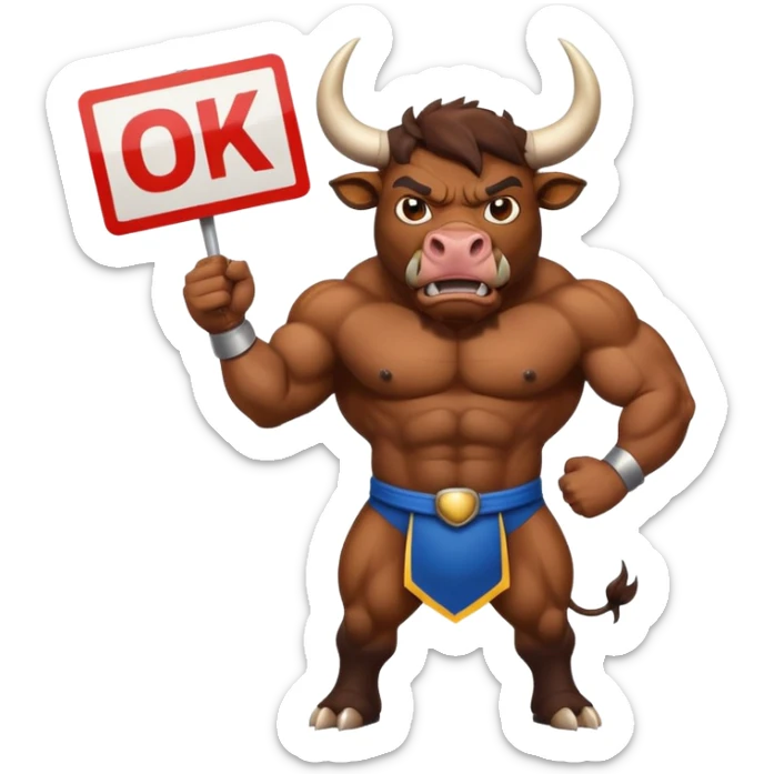 Angry powerful bull emoji holding a sign with the words OK in front of it sticker