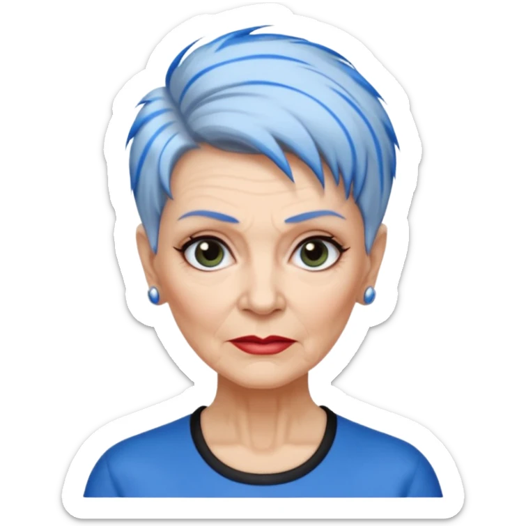 reife frau, achtzigJahre alt kein kind! freche extreme schwarze Kurzhaarfrisur eine Seite wirklich fast keine Haare andere Seite mit blauer Strähne kurze Seite noch viel kürzer sticker