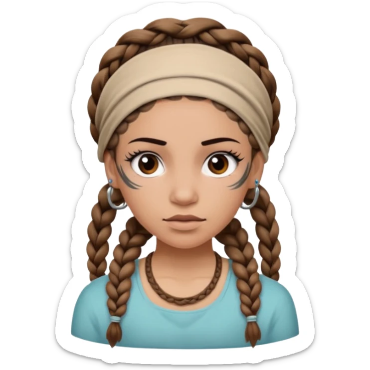 big lose braids starting from the top of the head woman face wiith big visible braids and mono color headband on head strict face and braids as big as headband and lots and lots of face tattoos sticker