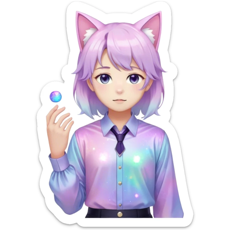 effeminate young colorful pastel nebula femboy man with shiny hair, cat ears, blouse, cute, gorgeous, anime, catboy, full body sticker