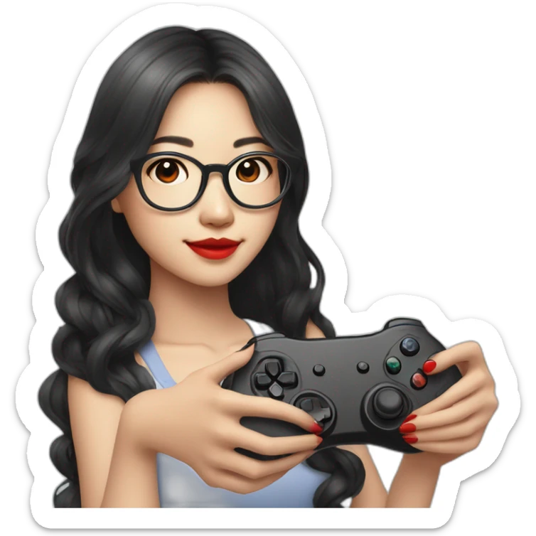 Teen Asian girl with long black wavy hair holding game controller wearing glasses red lips sticker