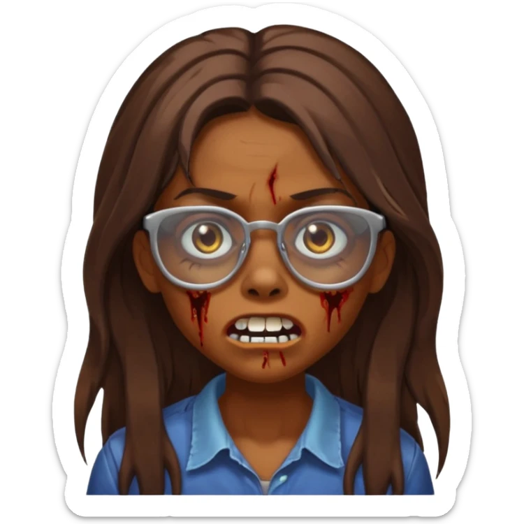 Girl zombie with brown long hair with teeth and serious face IOS style with glasses sticker