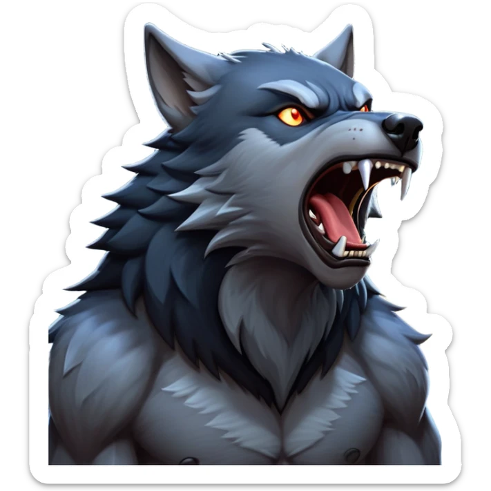 cinematic-noble-fierce-werewolf-howling-portrait-emoji, poised-and-imposing, with a fierce wolfish face tilted upwards in a haunting howl, glowing eyes full of primal ferocity, sharp, and a rugged snout, fur rippling in shades of midnight black and silver, muscles tensed as the powerful howl echoes beneath the moonlit sky; rendered with realism, capturing the raw, untamed power of the beast in its wild, primal state sticker