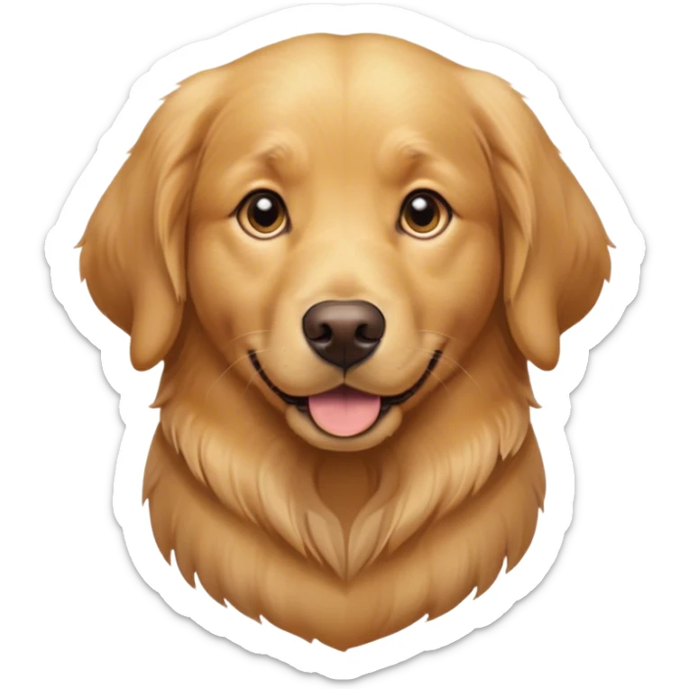 Cinematic Cute Golden Retriever Portrait Emoji, Head tilted playfully and inquisitively, showcasing a rich, glossy golden coat with a healthy sheen, round, sparkling brown eyes filled with curiosity, Simplified yet irresistibly adorable features, highly detailed, glowing with a warm, friendly glow, high shine, affectionate and lively, stylized with a touch of whimsy, bright and endearing, soft glowing outline, capturing the essence of a mischievous yet loving companion, so playful it feels like it could leap out of the screen and into your arms! sticker