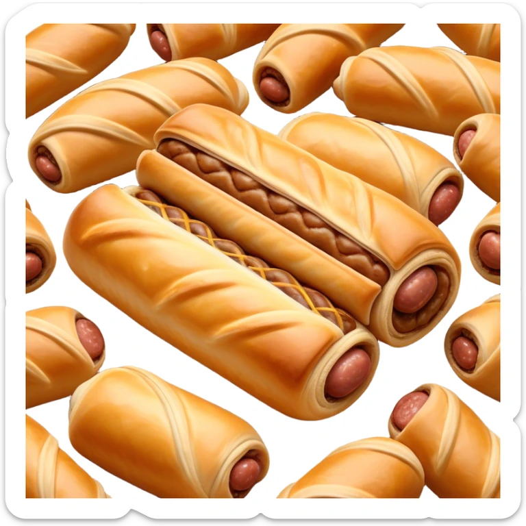 Cinematic Realistic Sausage Roll Dish Emoji, depicted with a crisp, golden pastry wrapped around flavorful sausage, rendered with detailed textures and appetizing lighting. sticker