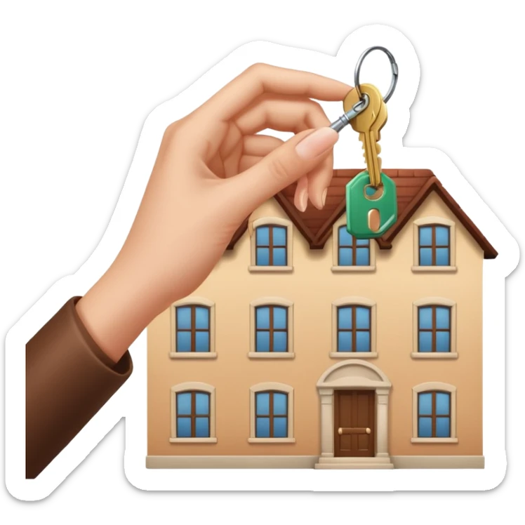 emoji de mano de mujer sujetando unas llaves con el fondo de un departamento sticker