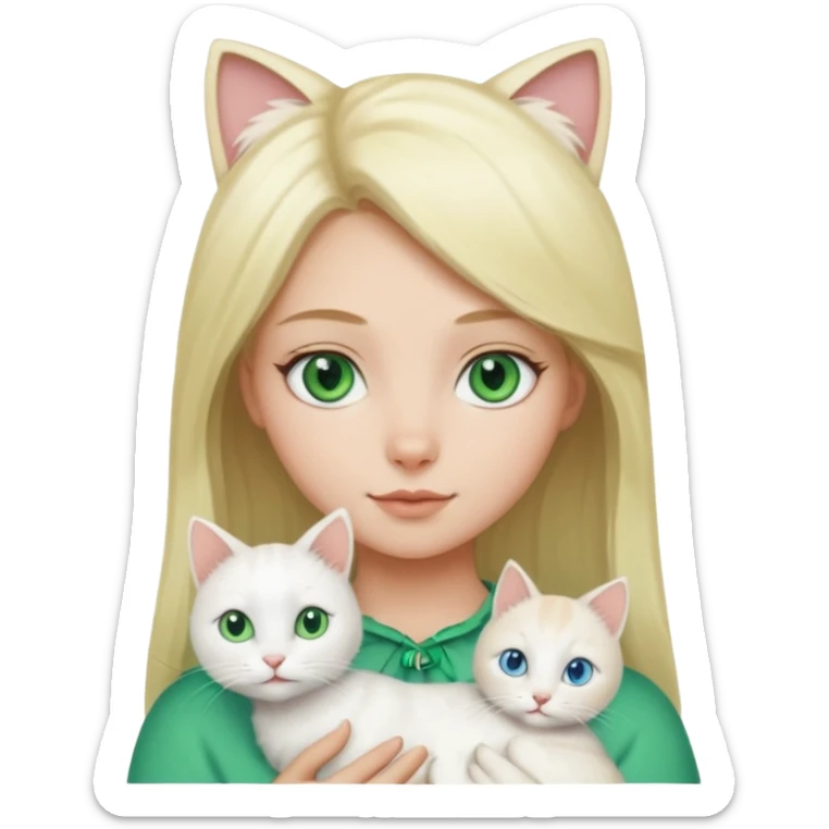 Blonde girl with green eyes holding a white cat with blue and green eyes sticker