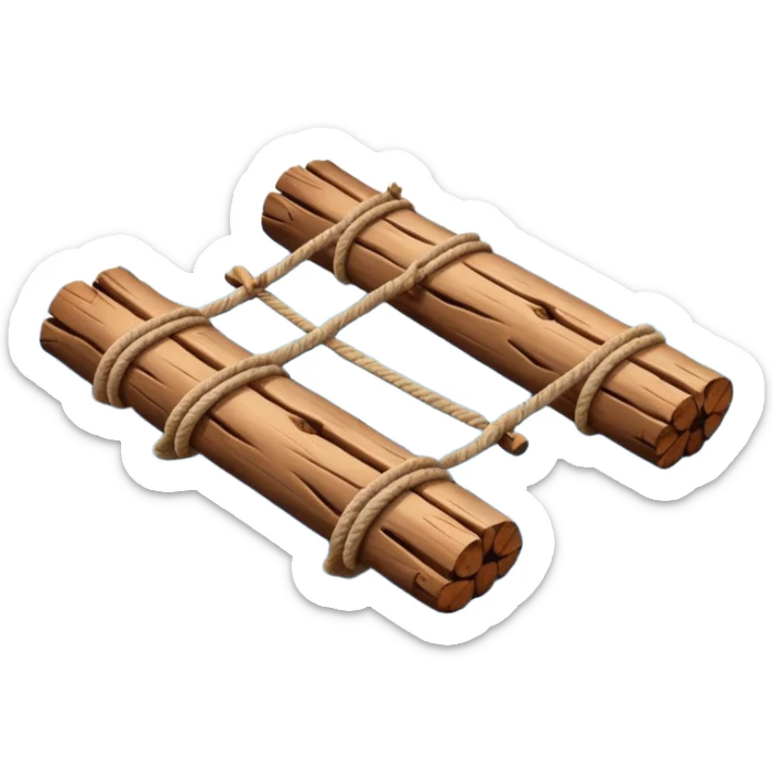 showing a simple wooden raft floating on calm blue water — made of several brown logs tied together with rope — gentle ripples around it — bright, cheerful lighting and soft shadows — minimalist, clean emoji design sticker