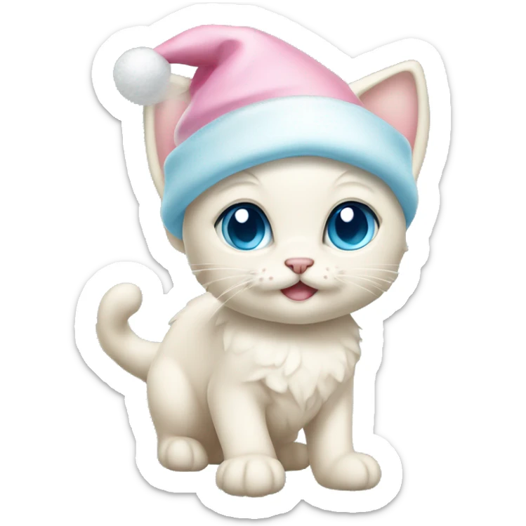 Cream kitten whole body with pastel blue eyes, and with pink Christmas hat sticker