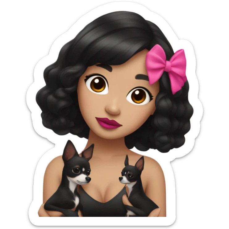 Thick medium black hair with hot pink lip and pink cheek Filipino lady hugging black and white Chihuahua  sticker