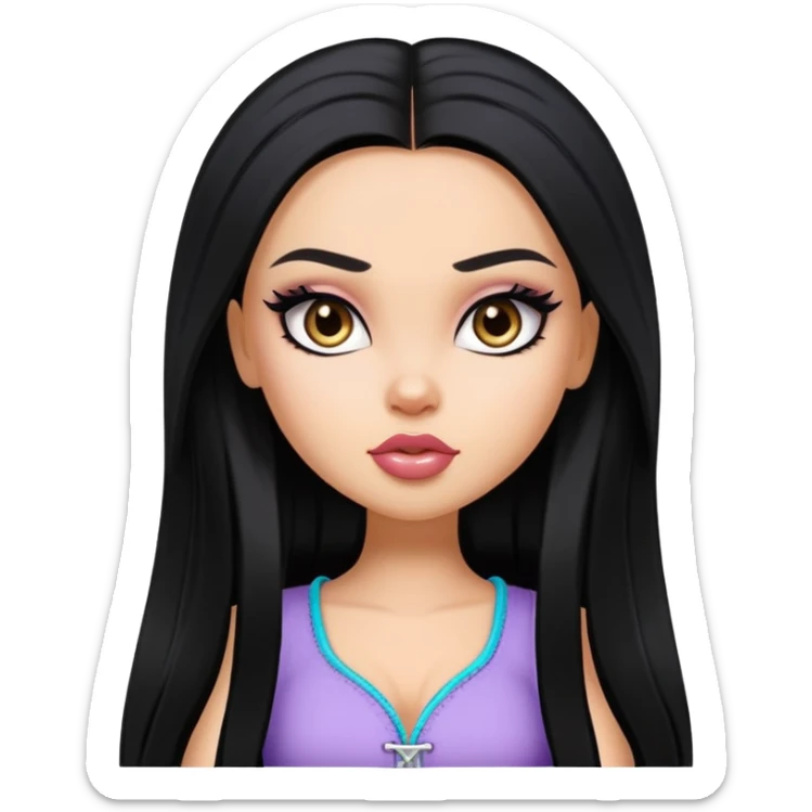 pretty bratz baddie, straight long hair, light skin, dark black hair sticker