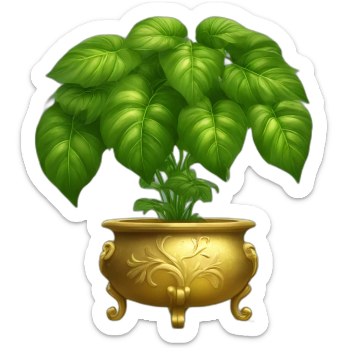 divine plant with big leaves in a golden flower pot on a stand with four feer sticker